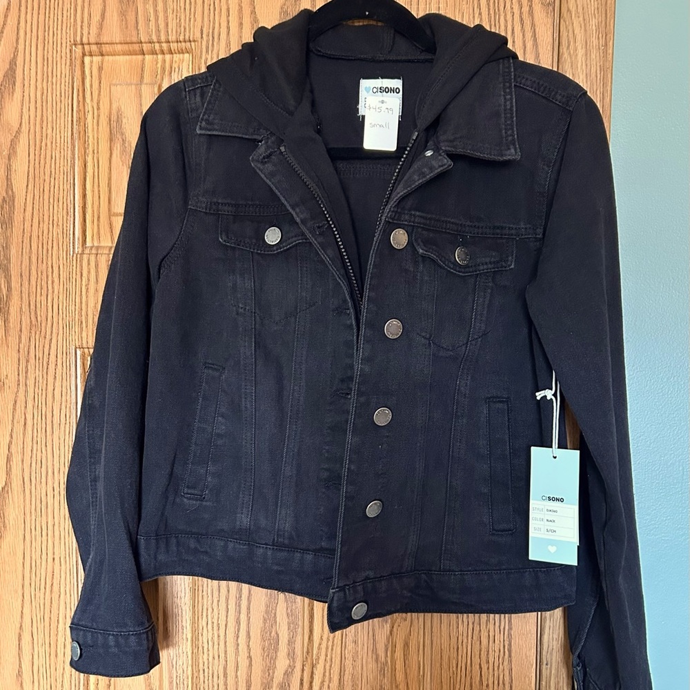 NWT Black Denim Jacket with Hood Size Small